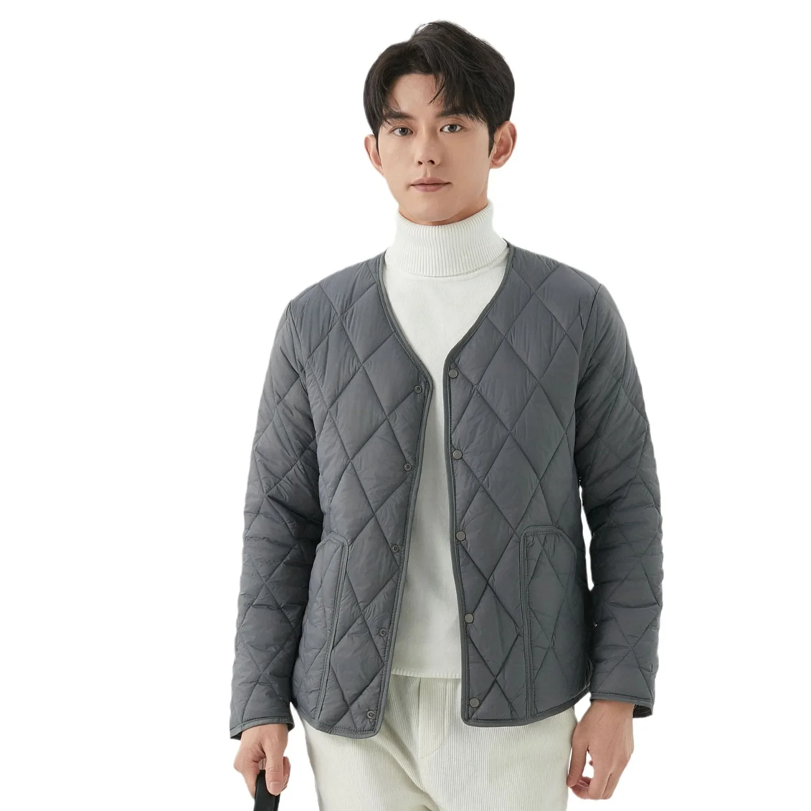 Men's Winter New Lightweight Single-breasted Padded Jacket with Pockets, Young Man Solid Color Argyle Casual Warm Padded Jacket