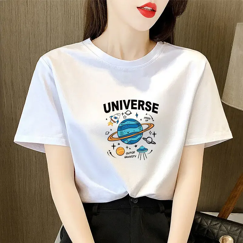 

2024 Summer New Loose Pure Cotton Women's Printed Bottom Shirt Short Sleeve Top Design Sense of Niche T-shirt Tide