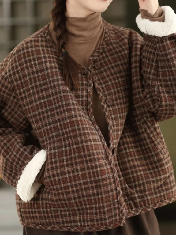 

Faionable Thiened Plaid шерстяное пальто женское зимнее внутреннее пальто Fce теплое хлопковое пальто с v-образным вырезом на подкладке