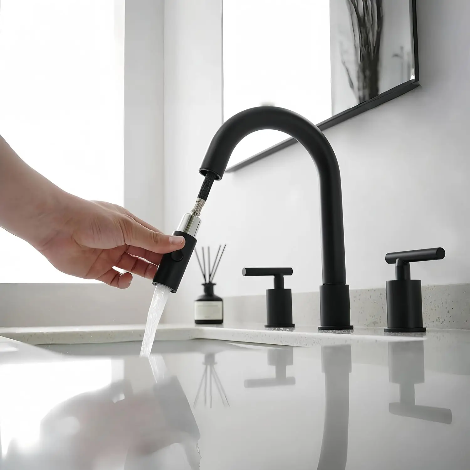 

Matte Black Pull Down Bathroom Faucet 8 inch Widespread Bathroom Faucet 3 Hole with Pull Down Sprayer 2 Modes.Brushed nickel tap