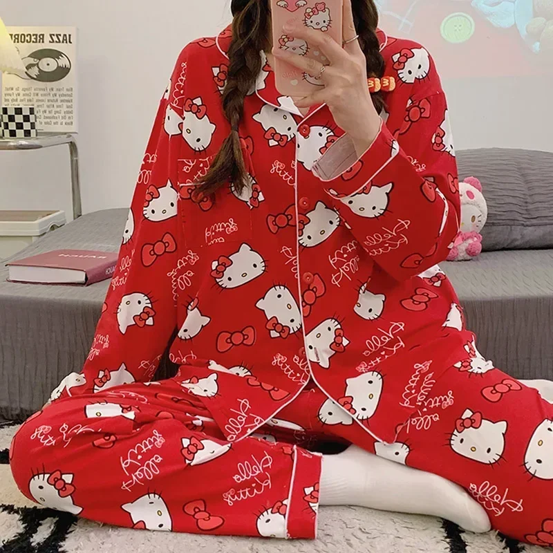 Sanrio hello kitty Herbst Baumwolle Damen Pyjama Seiden pyjama Damen Langarmhose Komfort und lässige zweiteilige Hauskleidung