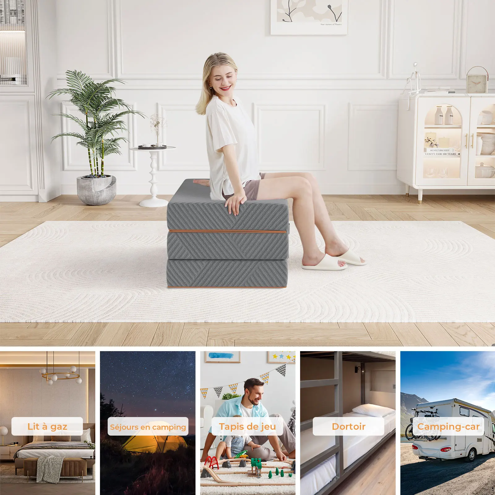 مرتبة Vesgantti قابلة للطي، مرتبة قابلة للطي من إسفنج الذاكرة مقاس 15 و8 سم ثلاثية الطي للسفر والتخييم وسرير الضيوف