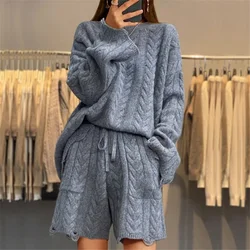 Fall Winter Solid Color Knitted Set Women Casual Round Neck Sweater Pullover & Tie-up Shorts Outfit Retro Long Sleeve Twist Suit