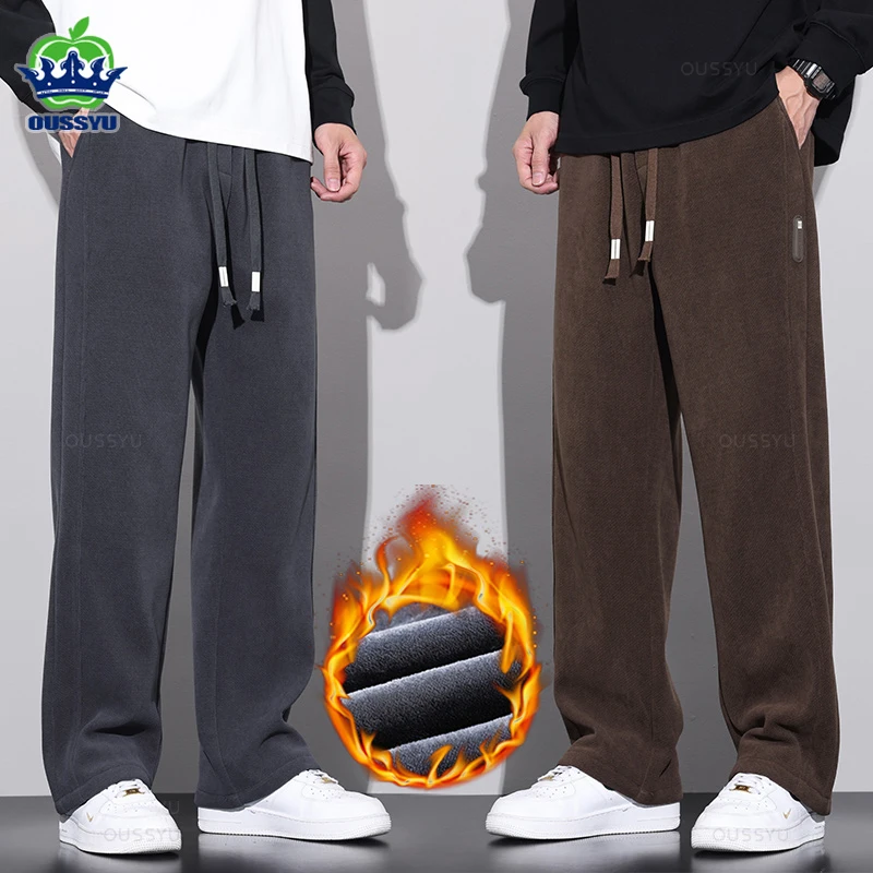 

Winter Soft Fleece Warm Corduroy Pants Men Elastic Waist Thick Korea Baggy Straight Work Flocking Joggers Cargo Trousers Male