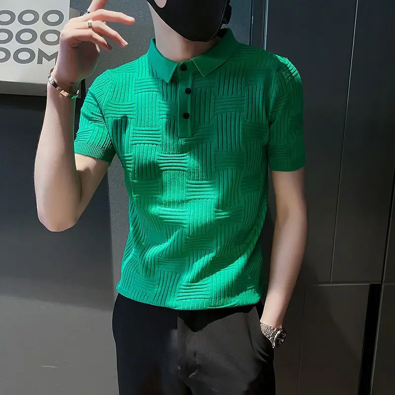 2023 Korean Version Fashion Trend Versatile Men\'s Clothing Business Casual Commuting Solid Color Short Sleeve Button Polo Shirt