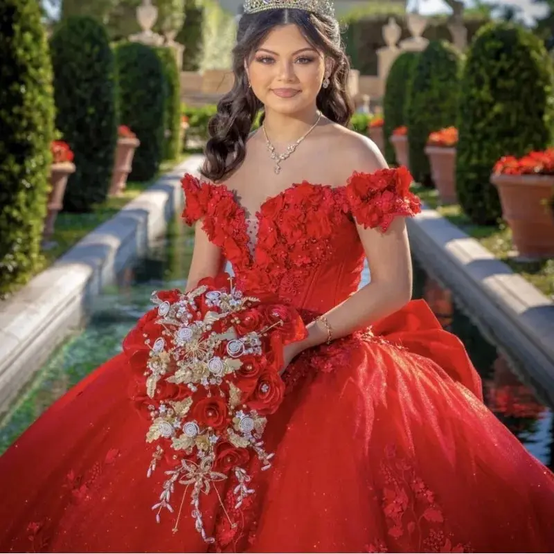 Vestidos de quinceañera rojos, vestido de baile con hombros descubiertos, dulce 16 flores 3D con lazo grande, vestidos de fiesta de celebridades personalizados