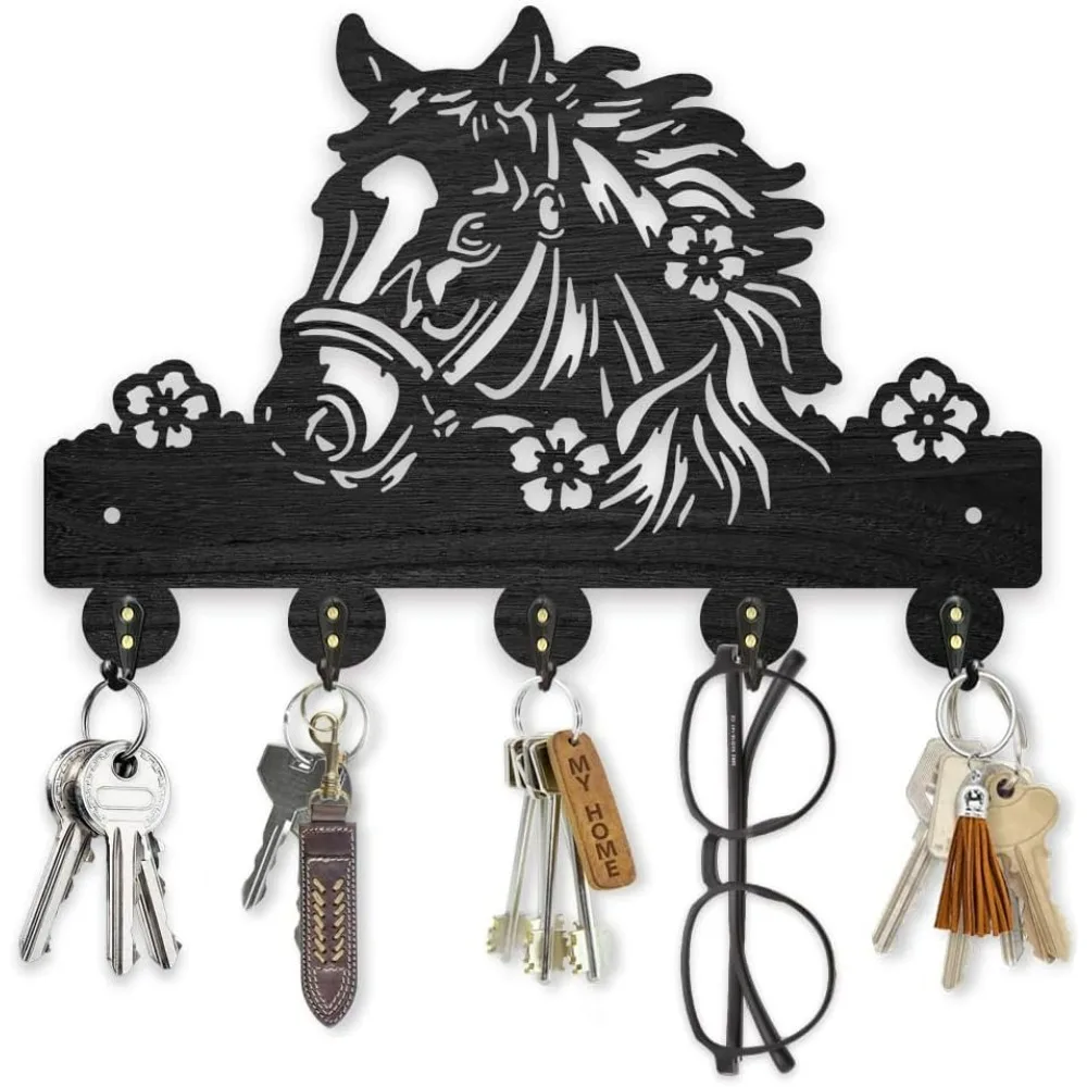

Horse Flower Wood Key Holder for Wall 11.8x7.8inch Farm Animal Key Hooks Hat Organizer Rack with 5 Alloy Hooks for Entryway