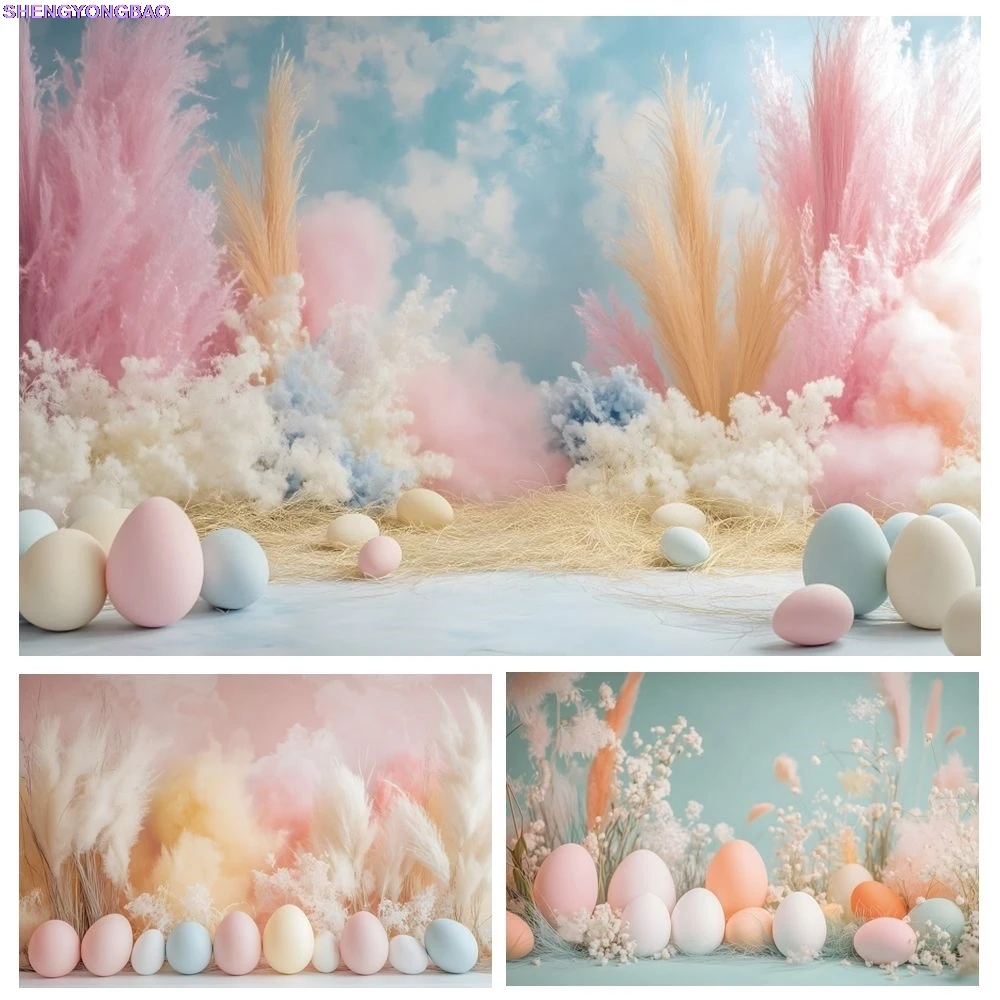

Spring Easter Baby Shower Photography Background Boho Pampas Plants Colorful Eggs Kids Art Portrait Photostudio Backdrop Banner