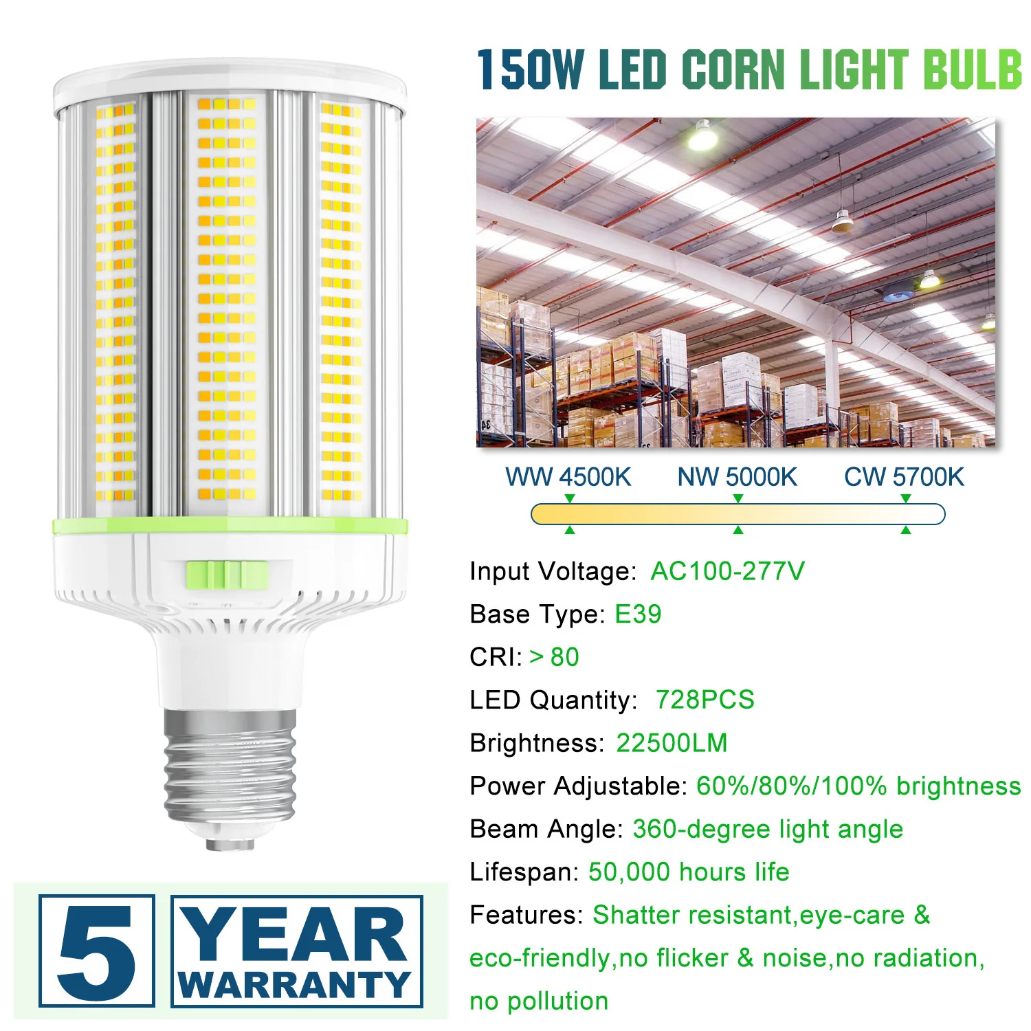 150W-48W ŻARÓWKA LED CORN LIGHT CCT TUNABLE 4.5/5/5.7K E39 100-277VAC Światła uliczne