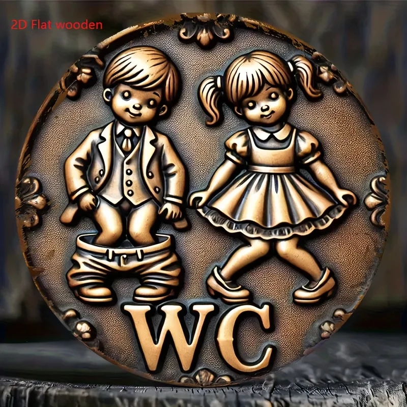 2D Flat - [2D Flat] 2D-gedruckte Wandkunst mit einem runden Vintage-Toilettenschild mit der Aufschrift „WC“, der 7,87 x 7,87 Zoll misst, geeignet für den Innenbereich