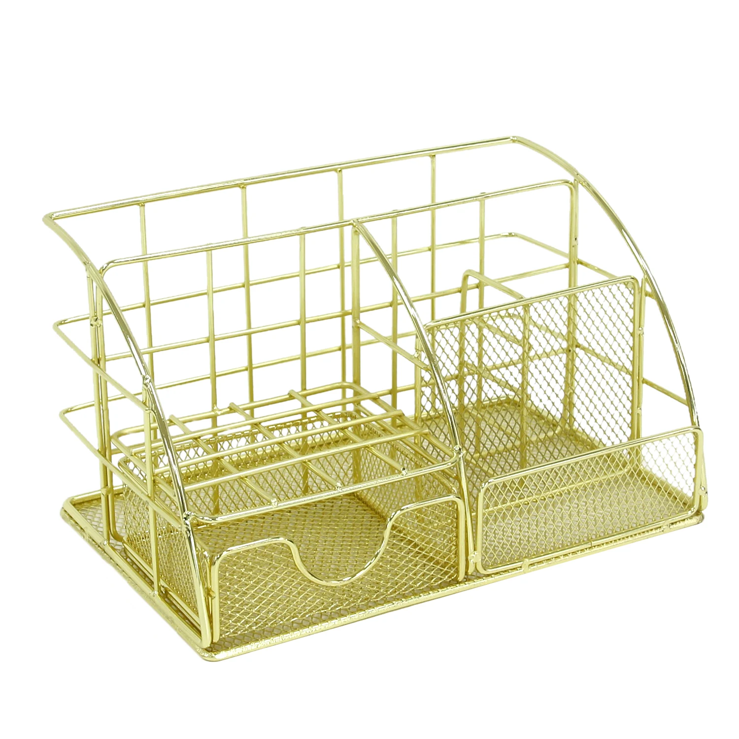 منظم سطح المكتب المعدني الذهبي، شريط ملفات متعدد الوظائف، رف تخزين اللوازم المكتبية، حامل القرطاسية ومستحضرات التجميل، مدمج F