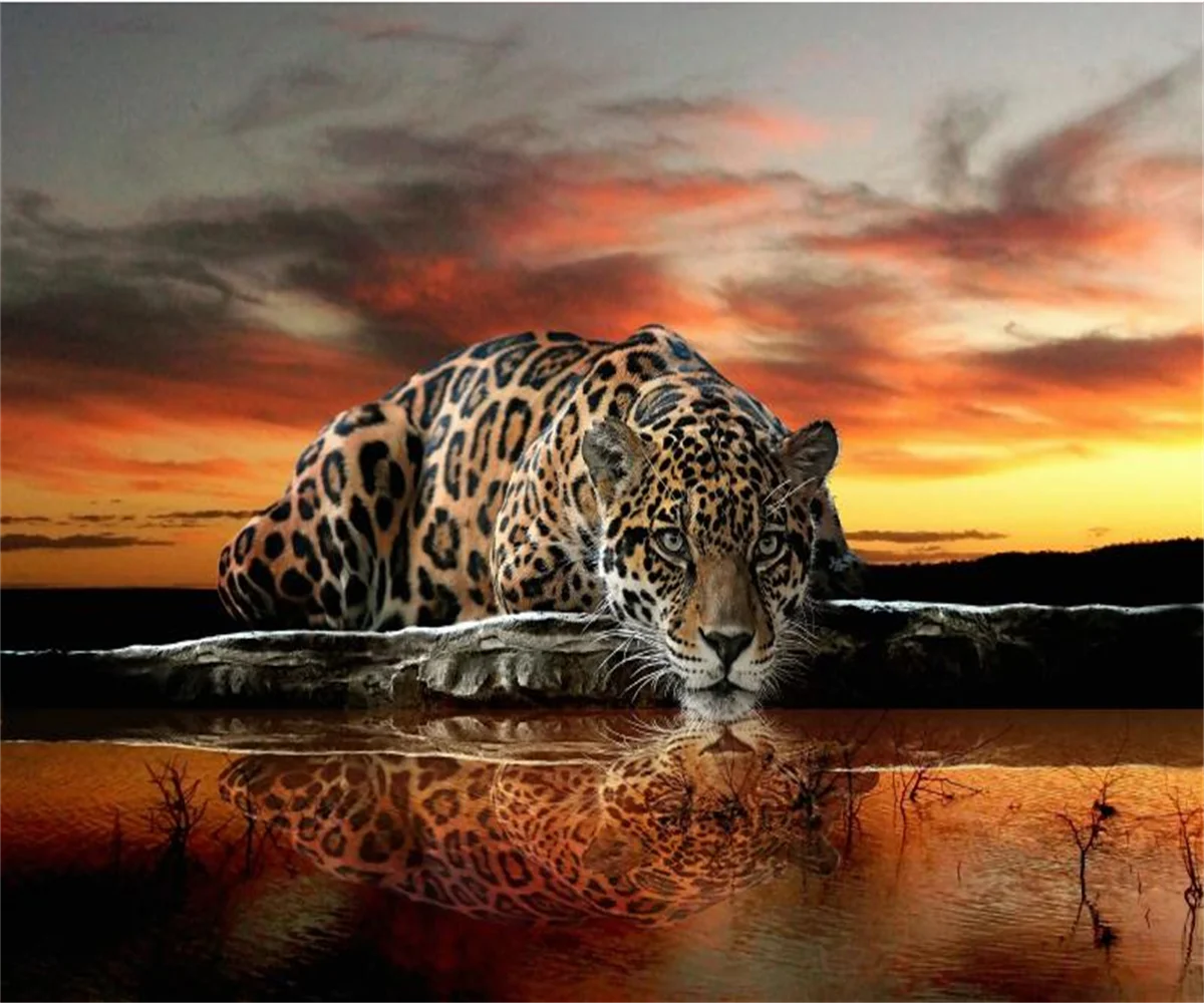 Custom size wallpaper Sunset leopard clouds sky background mural Home decoration children put animal mural 3d wallpaper photo