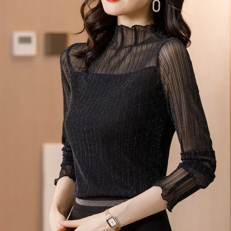 Tops Woman Turtleneck Lace Black Long Sleeve T Shirt for Women Spring Autumn High Quality Classic Aesthetic Outfits Clothing 90s