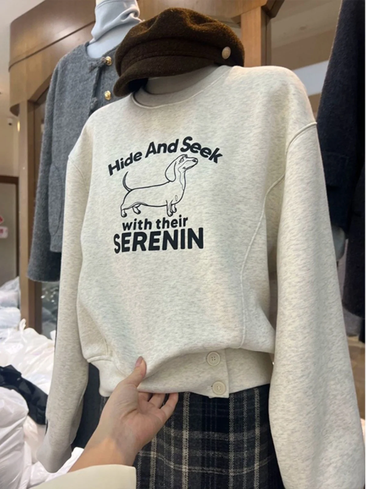 

Korean High-End round Ne Printed Dog Sweatirt Women's Autumn Winter New Thiened Fce Hooded Faionable T-irt