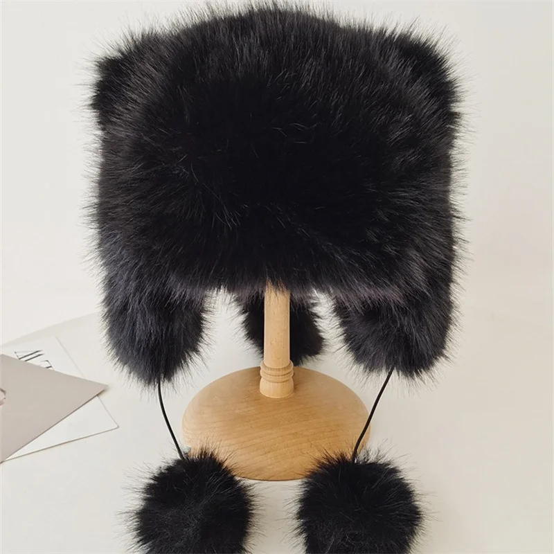 Chapeau en fausse fourrure moelleux pour femme, bonnets chauds d'hiver, bonnet à oreillettes en peluche de luxe, belle oreille d'ours, gros, protection des oreilles avec boule de fourrure