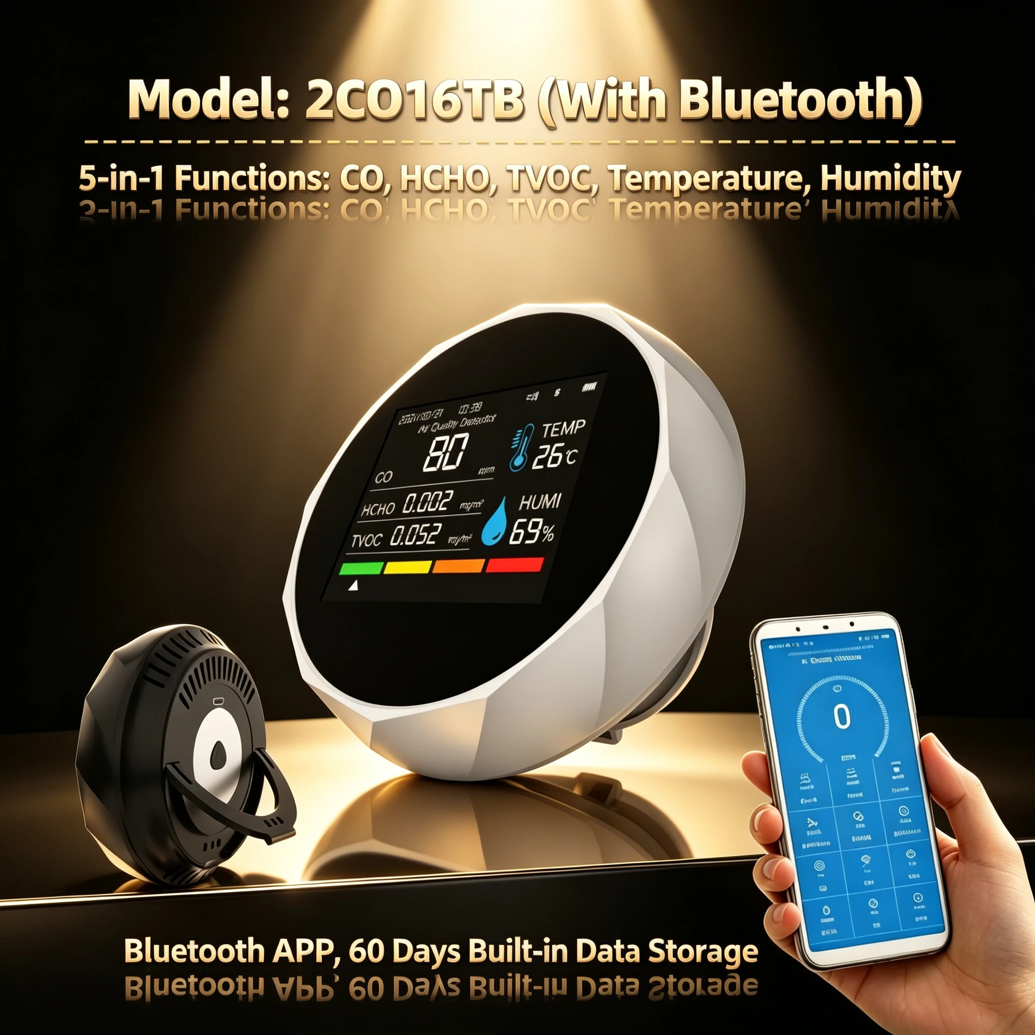 5-in-1 Bluetooth APP, CO detector, formaldehyde TVOC, temperature and humidity air quality detector