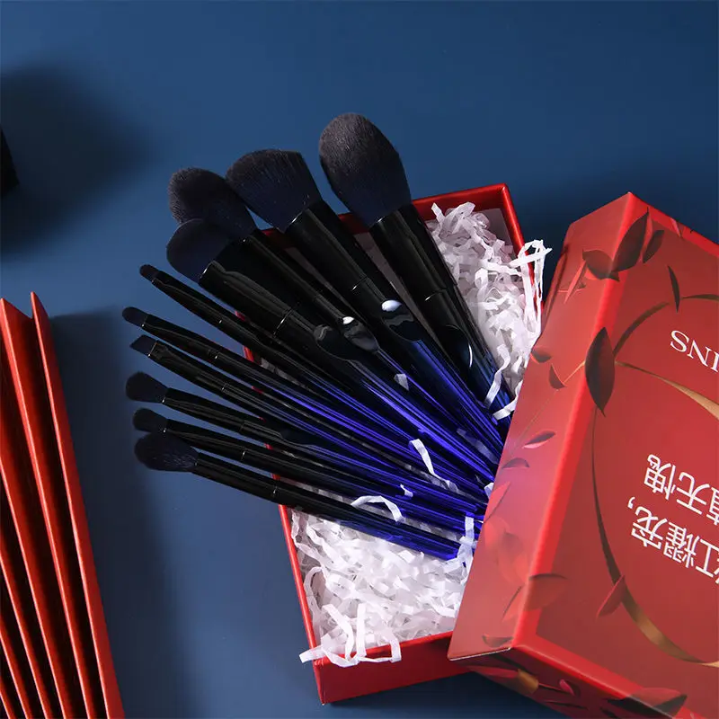 Juego de belleza de brochas de maquillaje Blue Demoness, juego completo de rubor en polvo de sombra de ojos de cerdas súper suaves, contorno para principiantes