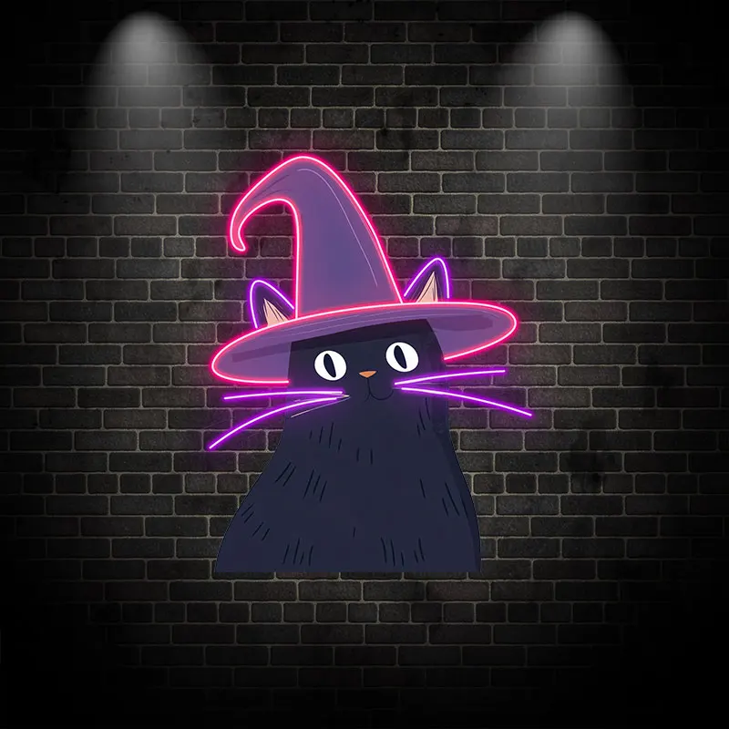 Black Cat Halloween Neon Light – LED Witch Hat Design for Spooky Halloween Décor, Perfect for Party, Home and Indoor Decoration