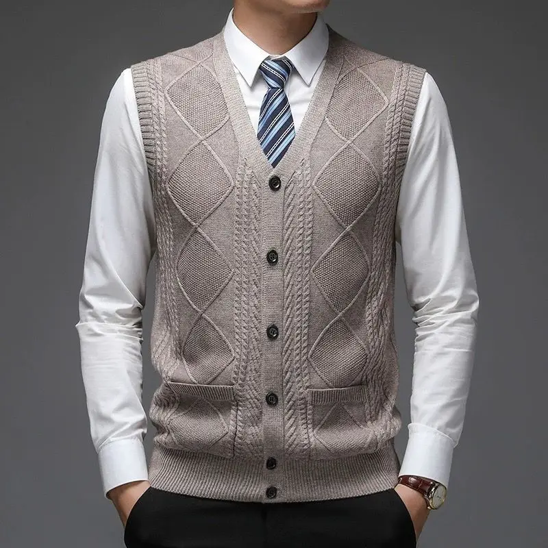 

Casual Men's Vest Pure Color Knitted Sleeveless V-Neck Button Loose Knitwear Outerwear