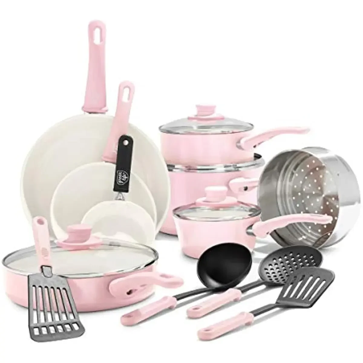 Soft Grip Healthy Ceramic Nonstick, 16 Piece Cookware Pots and Pans Set, PFAS-Free, Dishwasher Safe, Soft Pink