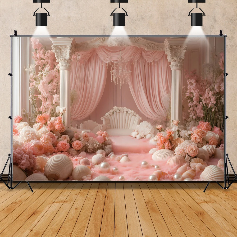 Pink Undersea Palace Photography Background Princess Mermaid Shell Chandelier Flowers Pearls Wedding Birthday Party Backdrop