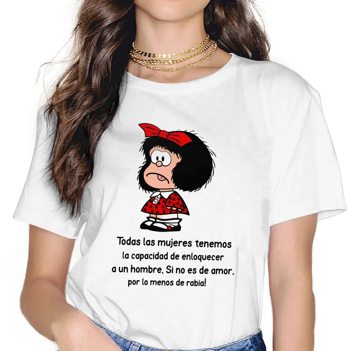 Anime Mafalda Todas Las Mujeres T Shirt Vintage Grunge Women's Polyester Tshirt O-Neck