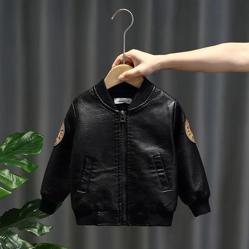 Veste en cuir PU pour garçons avec fermeture éclair, vêtements pour tout-petits, tenues pour enfants, manteau pour enfants, printemps