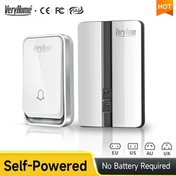 VeryHome sonnette sans fil etanche IP44 distant bouton d'auto-alimentation sans pile cloche de porte extérieur sonnerie maison sonette doorbell carillon timbre interrupteur Blanc Noir