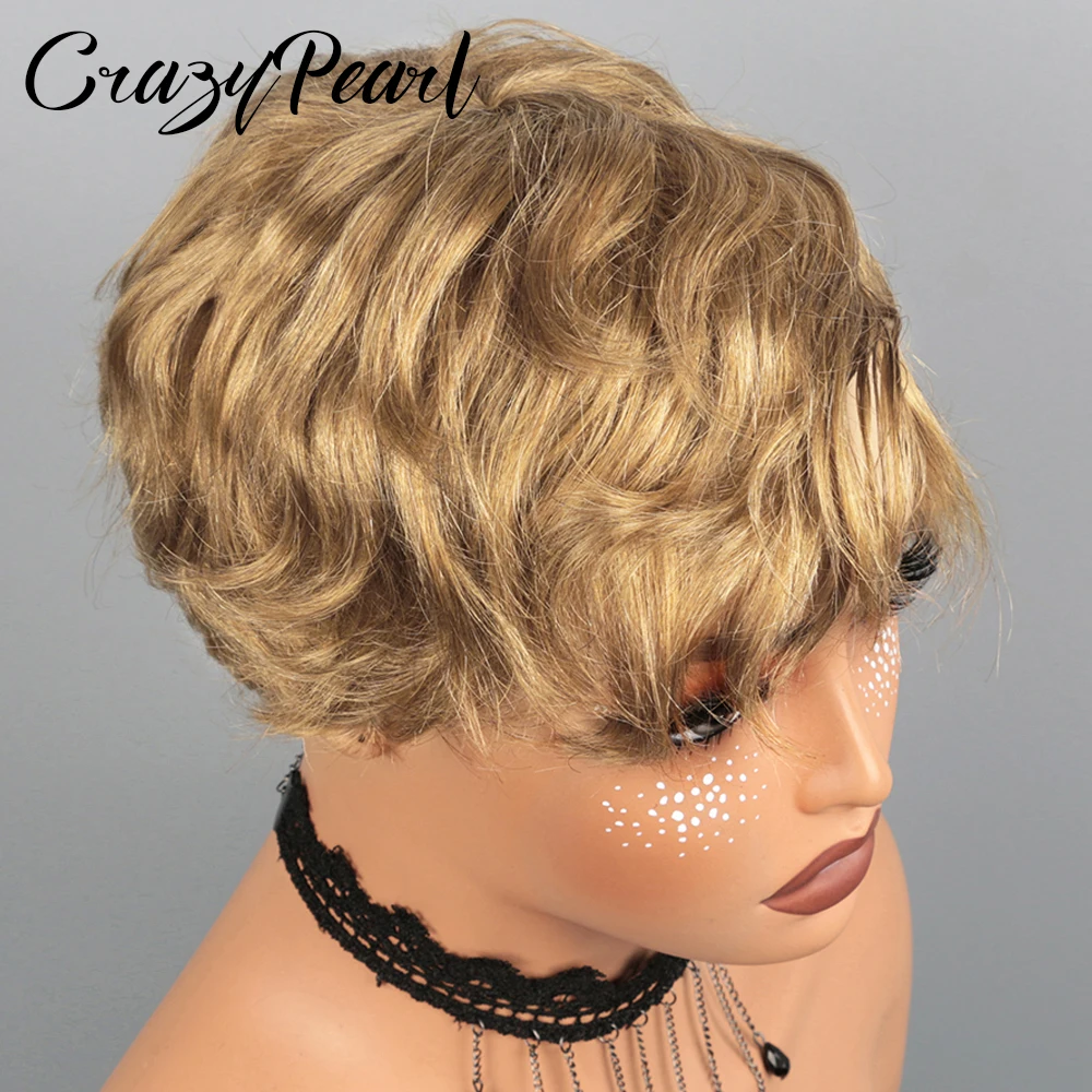 Perruques courtes CrazyPearl en cheveux humains, couleur brun clair, coupe pixie, 100 % cheveux naturels, entièrement fabriquées à la machine, sans colle