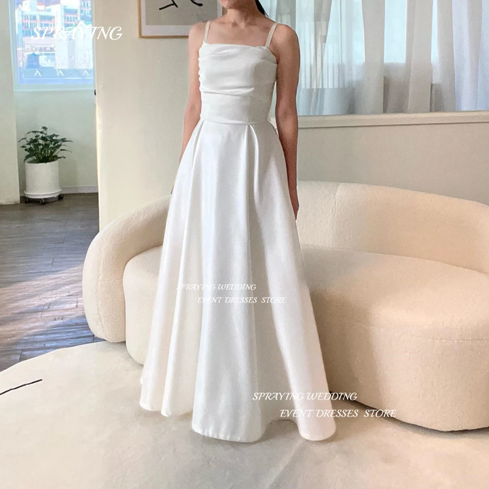 

SPRAYING Simple Ivory A Line Wedding Dress Korea Photo Shoot Satin Spaghetti Straps Sleeveless Bridal Gowns Corset Back 웨딩드레스