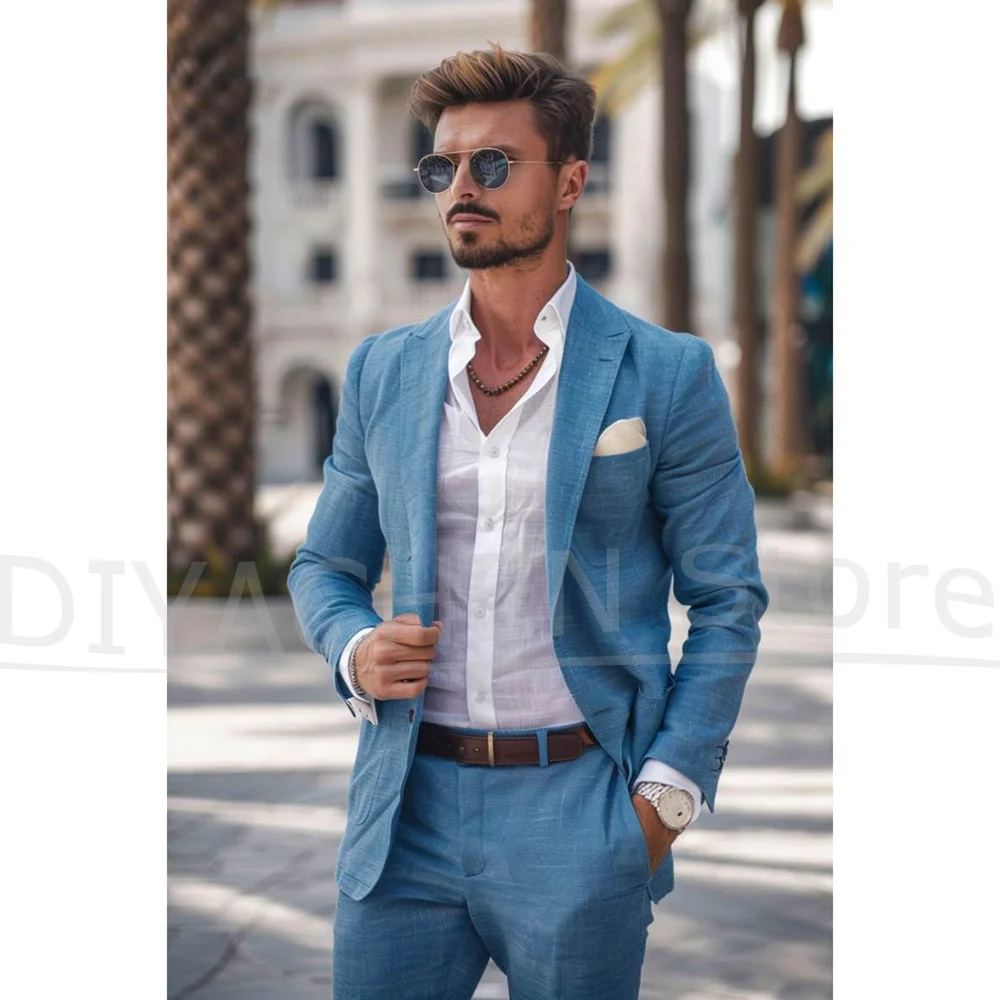 

Мужской синий льняной костюм, комплект из 2 предметов, стильный повседневный деловой костюм для свадебной вечеринки, дышащий удобный мужской костюм высокого качества