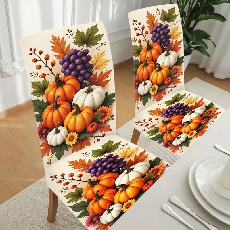 Orange White Pumpkin Purple Grape Maple Leaf Sunflower Floral Full Print Dining Chair Slipcover Stretch Fall Thanksgiving Cover
