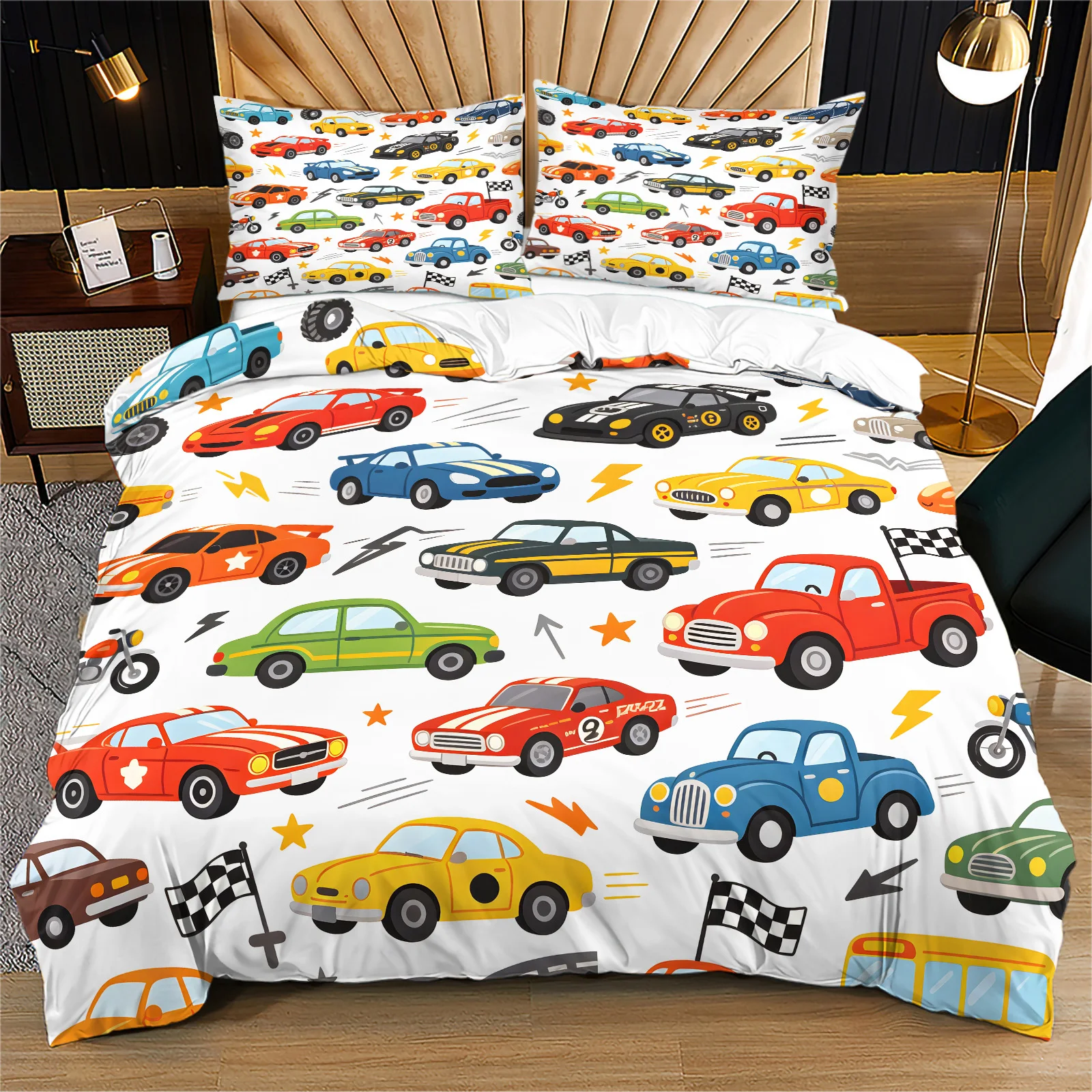 Cartoon Racing Car Duvet Cover Set Colorful Sport Car Vehicle Bedding Set with Pillowcases Soft Bed Linen for Bedroom Home Decor