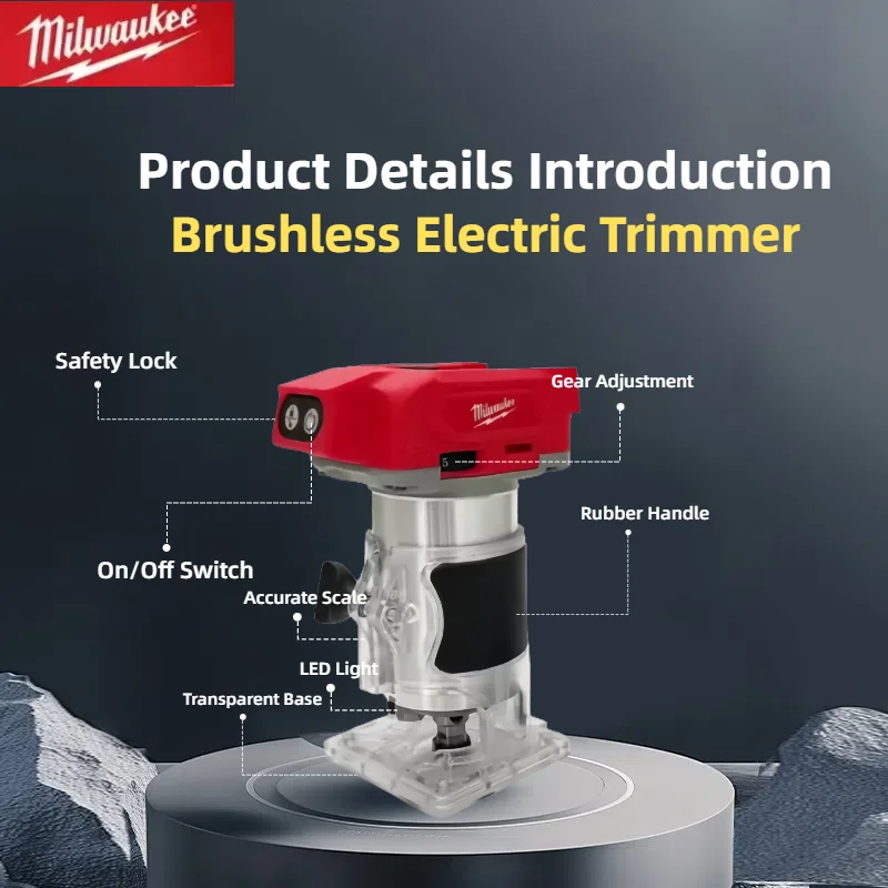 Milwaukee 800W 30000RPM Cordless Electric Trimmer Brushless Compact Router 5-Speeds Woodworking Trimming Machine For 18V Battery