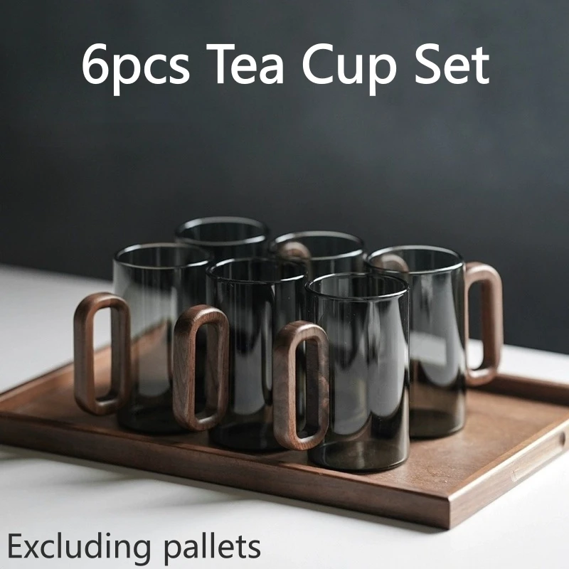 

6pcs 360ml Premium High Borosilicate Heat-resistant Glass Set: Home Drinking Glasses with Wooden Handles, Stylish Tea Cups