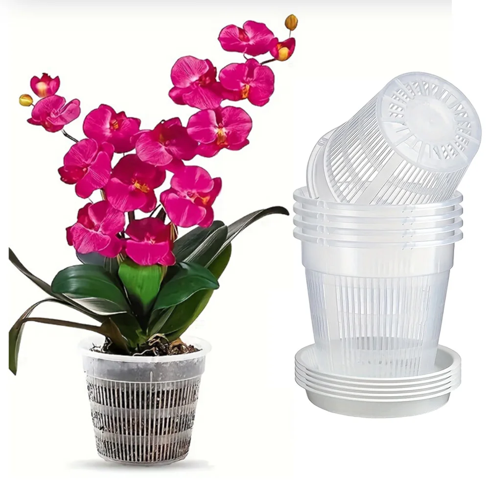 Transparent Orchid Flowerpots 8 Pieces with Drain Trays for Root Health and Air Circulation Plastic Repotting Pots for Orchids