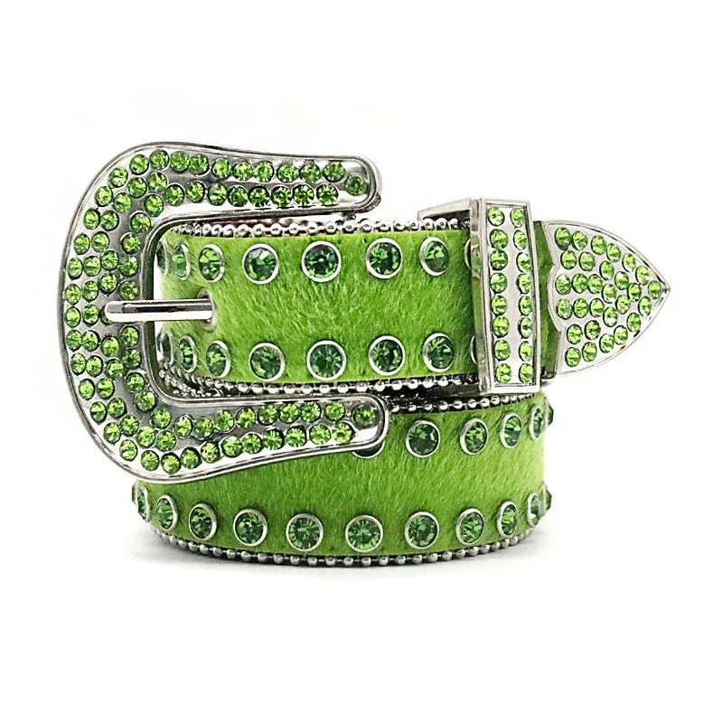 mens fashion green rhinestone belt soft leather studded belts stage nightclub dress pin buckle waistband womens trendy strapon