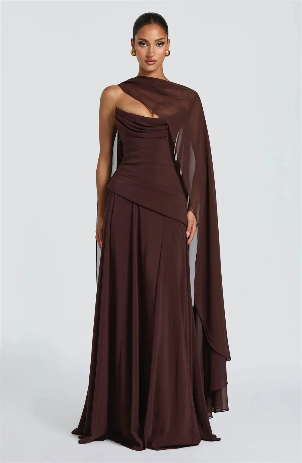 

Off Shoulder Cape Sleeve Chiffon Formal Dress Draped Bodice Ruched Waist Maxi Evening Gown Wedding Guest Bridesmaid Prom Party