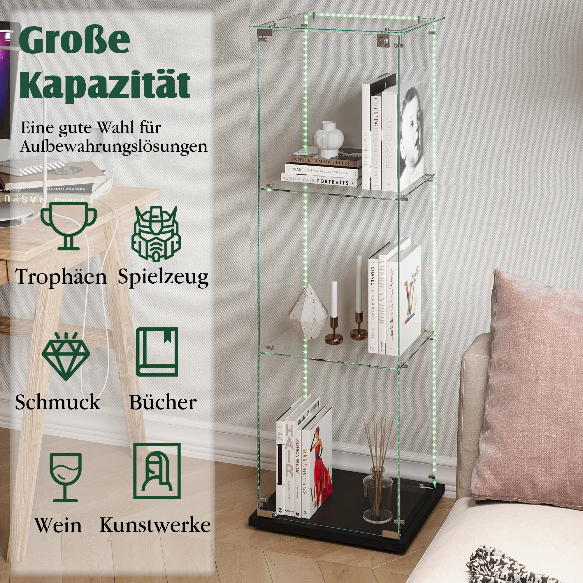 حافظة عرض زجاجية من Lazyspace مكونة من 3 طبقات، حافظة عرض عمودية بباب واحد، حافظة عرض خشبية للمقتنيات، 123.3x39.8x35 سم #3