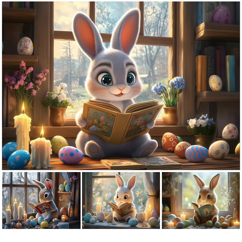 

Happy Easter Cartoon Bunny Photography Backdrop Cute Bunny Egg Window Kid Birthday Easter Party Photocall Background Banner Prop