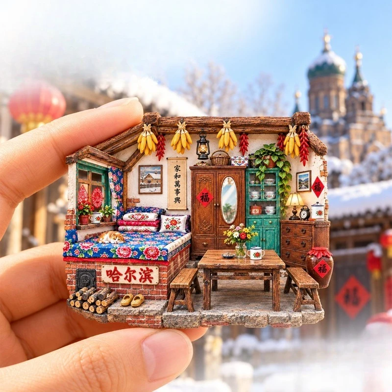 Harbin Kang Bed Fridge Magnet - Cozy 3D Northeast Souvenir Unique Chinese Winter Gift for Travel & Rustic Decor