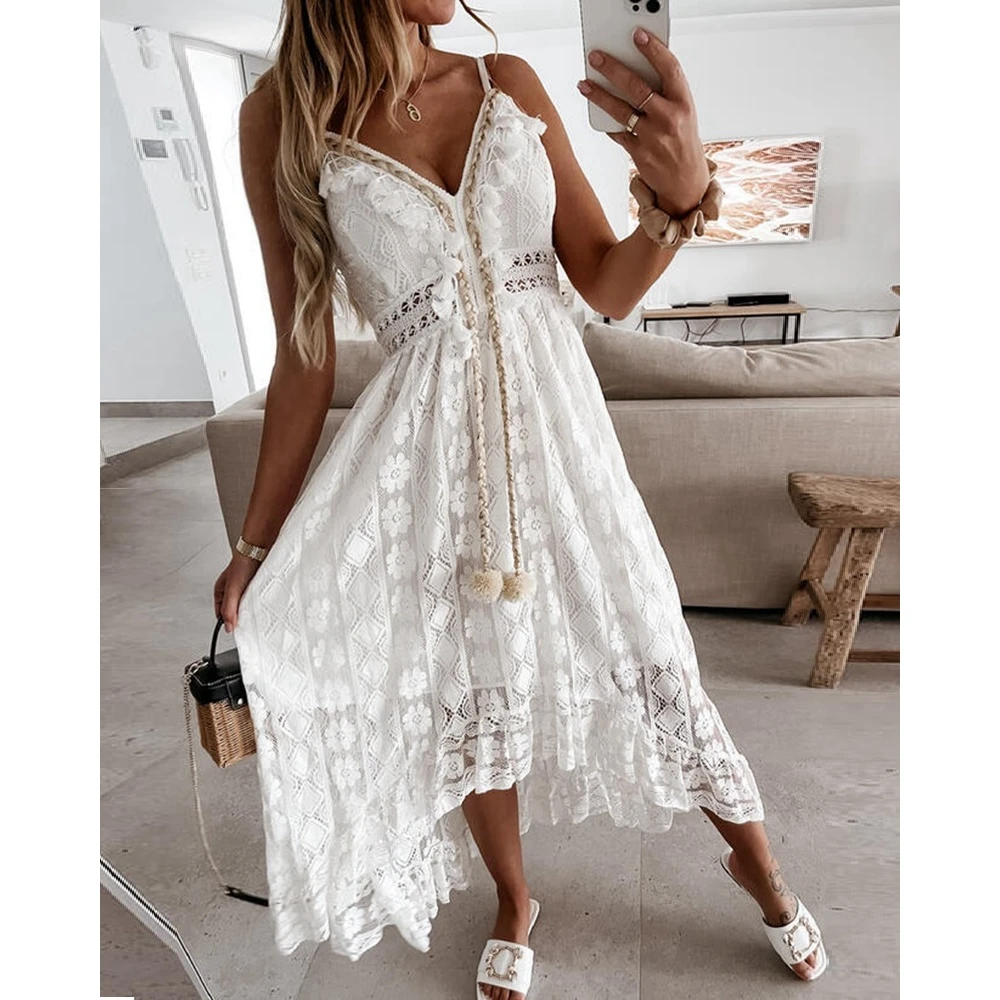 

Robe Longue Femme Summer V Neck Tassel Decor Sweet White Dress Sexy Lady Spaghetti Strap Lace Dress Asymmetric Hem Beach Dress