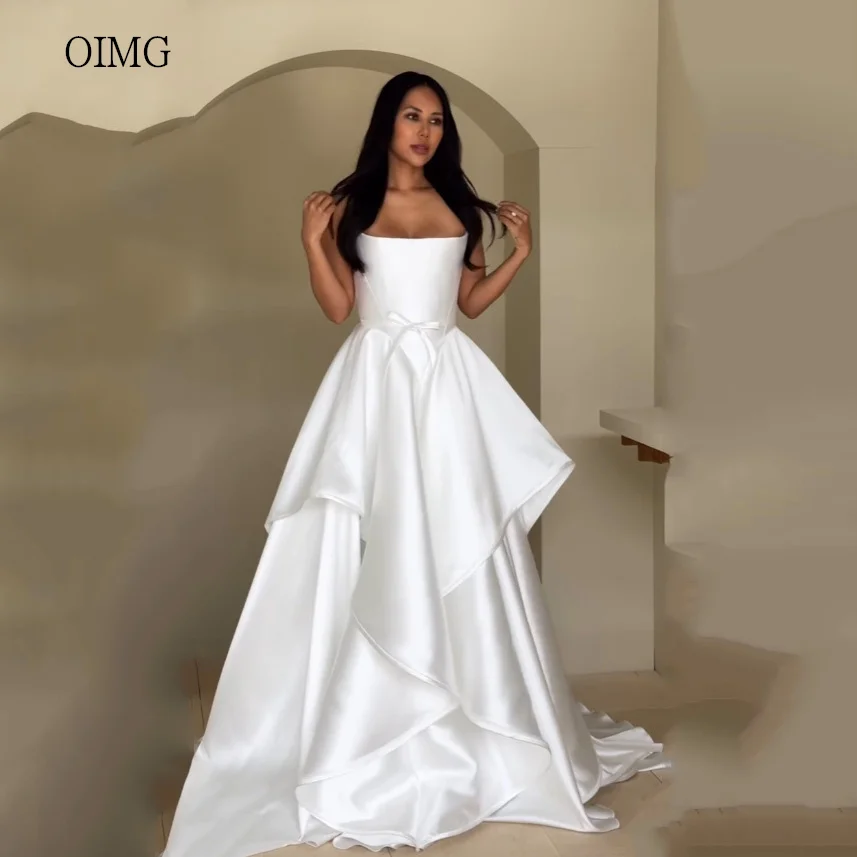 OIMG Classic Strapless Ivory Wedding Dress Bow Decoration Bride Dresses A-line Floor Length Wedding Gowns Customized