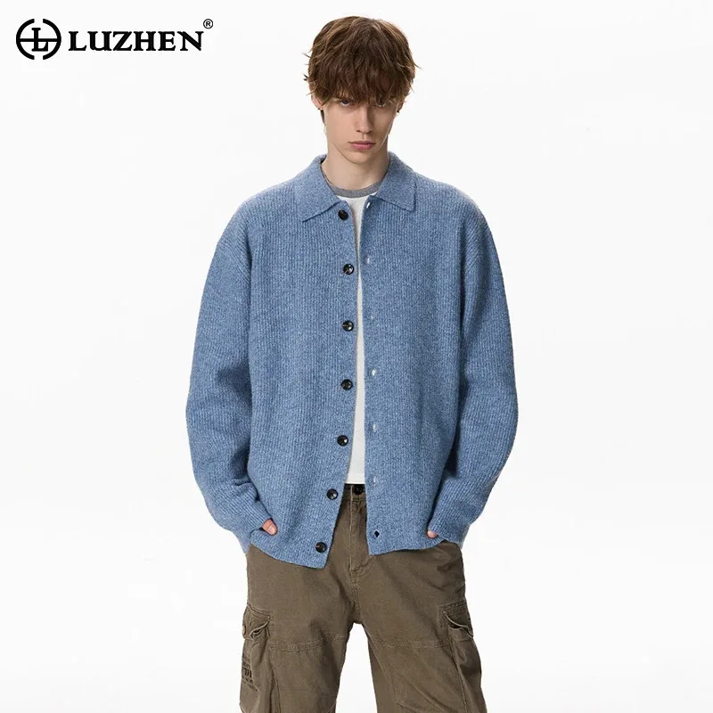 LUZHEN 2026 New Trendy Solid Color High Quality Lapel Long Sleeve Knitted Cardigan Men's Handsome Simple Style Sweater JY9348