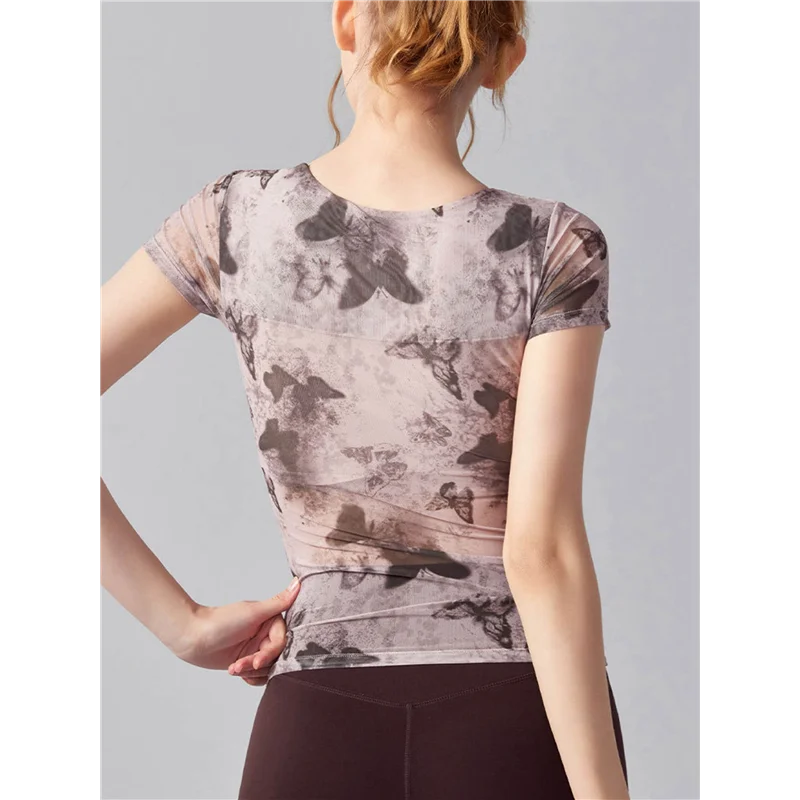 

【SEE】Women's Asymmetrical Neck Floral Print Mesh Shirts Ruched Short Sleeve Fitted Blouses