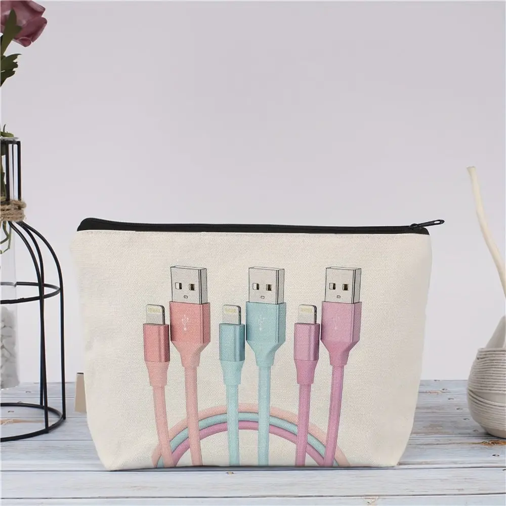 Canvas Charger Storage Pouch Print Design Zipper Closure Electronics Bag Large Capacity Cable Organizer Bag for Office Desk