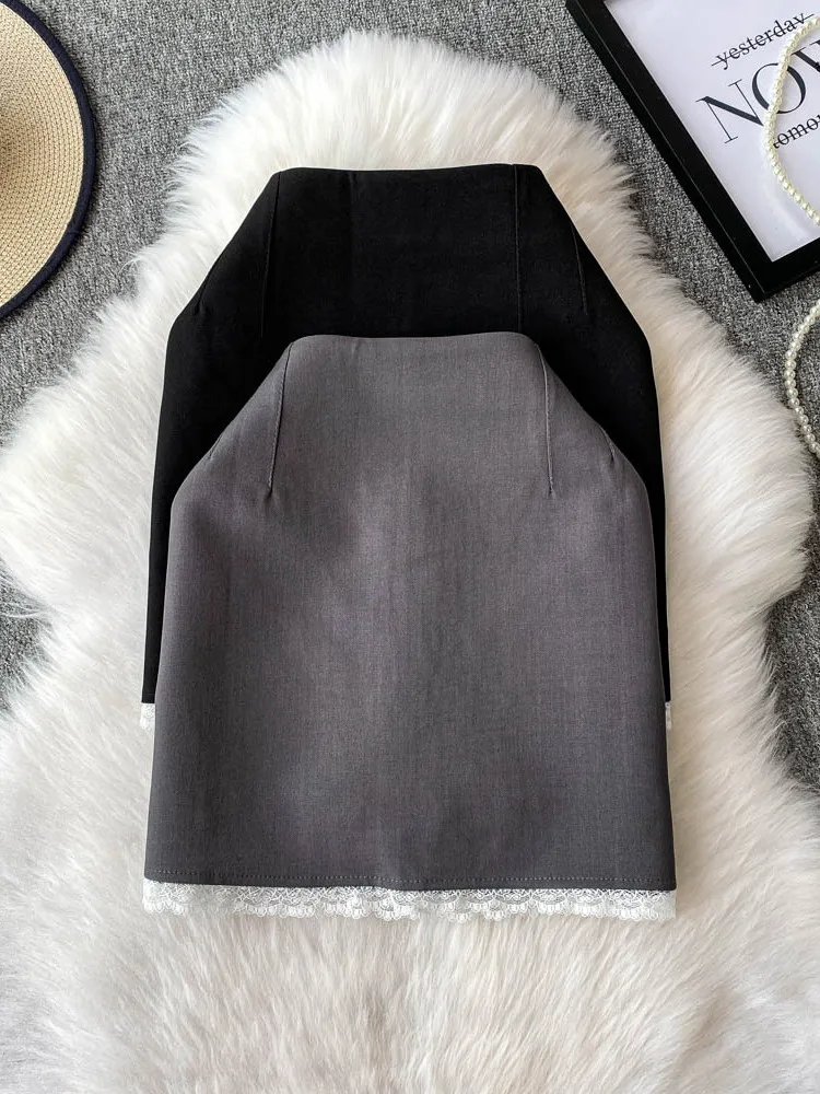 

Sexy Lace Splice Skirt High Waist Slim Fit Women's 2025 New Sle Commute Korean Version Anti-Light A-Line Skirt