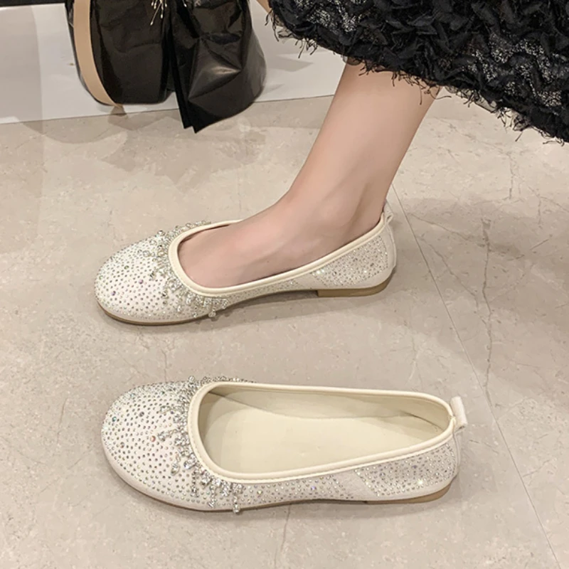 Women's Single Shoes New Flat Round Head Full Drilling Shallow Mouth Muller Shoes Comfortable Lightweight Soft Sole Casual Shoes