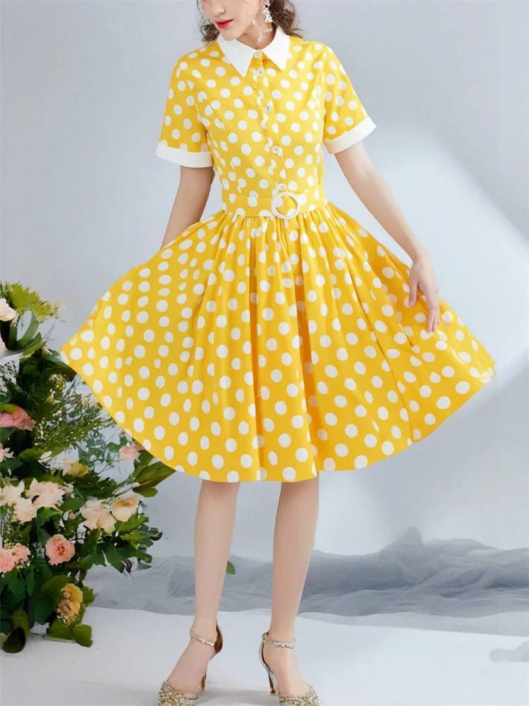 

2025 Summer Laidies Big Swing Runway Party Dress Elegant Short Sleeve 50s 60s Vintage Holiday Rockabilly Pleated Women's Dresses
