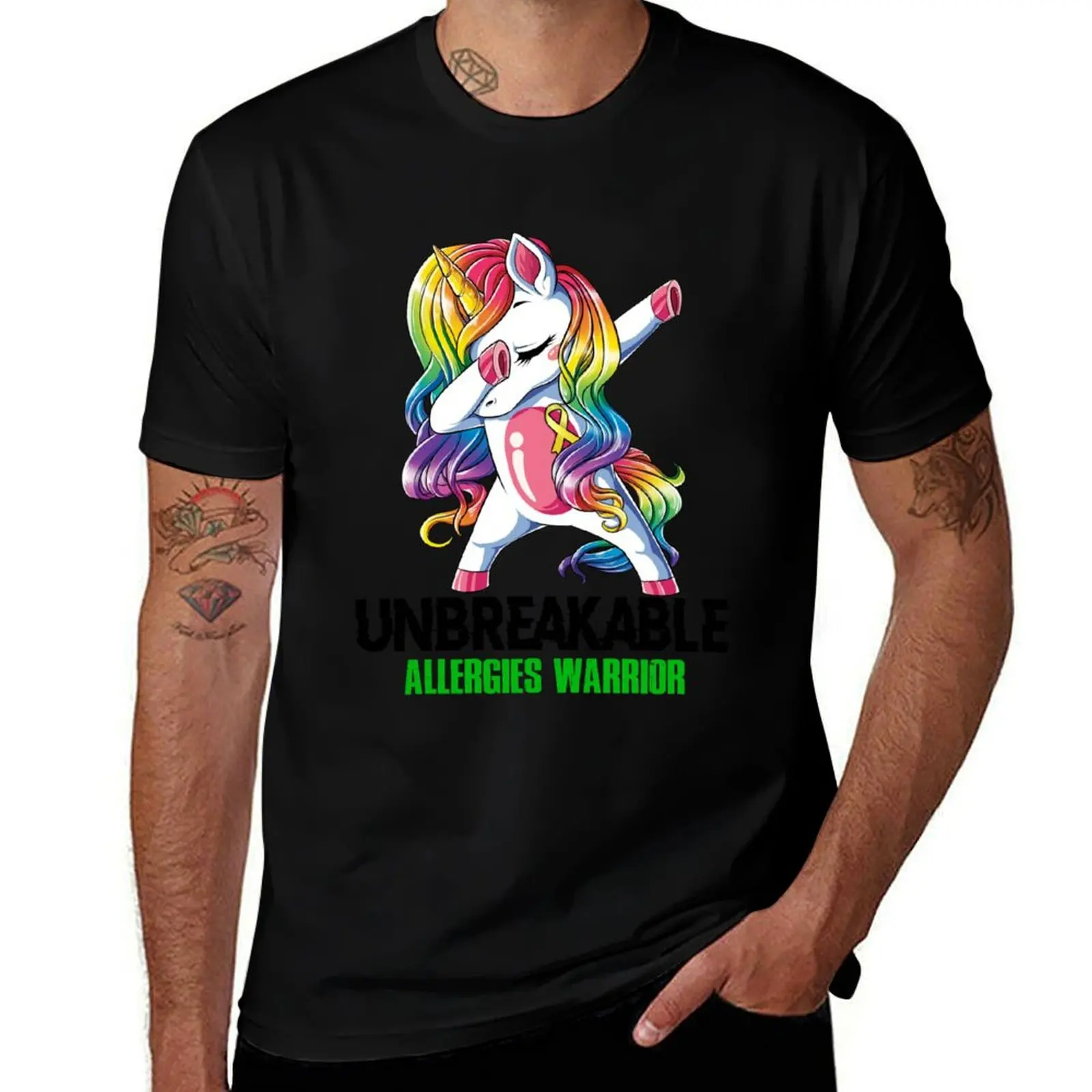 Allergies Awareness - Unicorn Allergies Warrior Ribbon UNBREAKABLE T-Shirt Stain Resistant Casual Tee T-Shirt